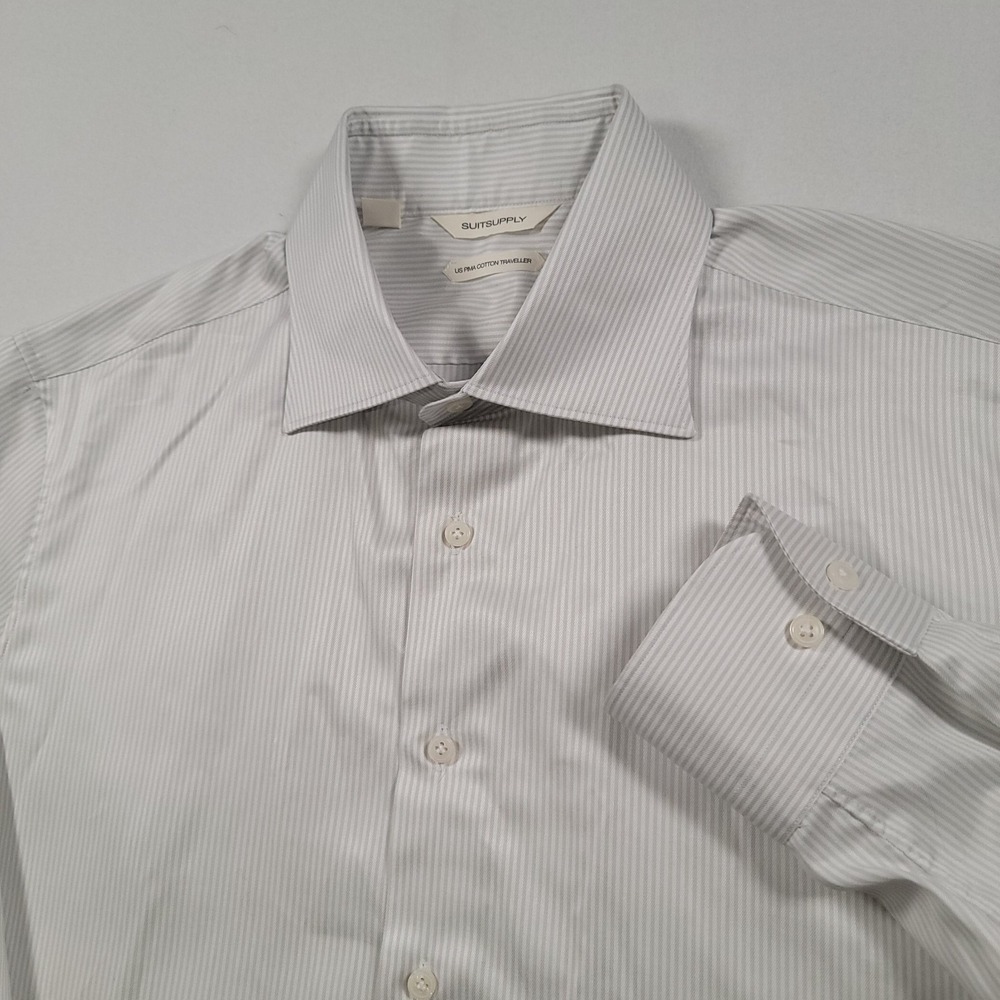 Suitsupply Shirt Mens 16.5 Gray Stripe Pima Cotton Traveller Slim Long Sleeve